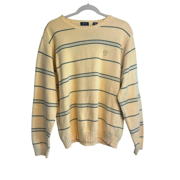 Izod Men's Stripe Casual Crew Neck Warm Business Yellow Sweater SZ Medium - Picture 2 of 7